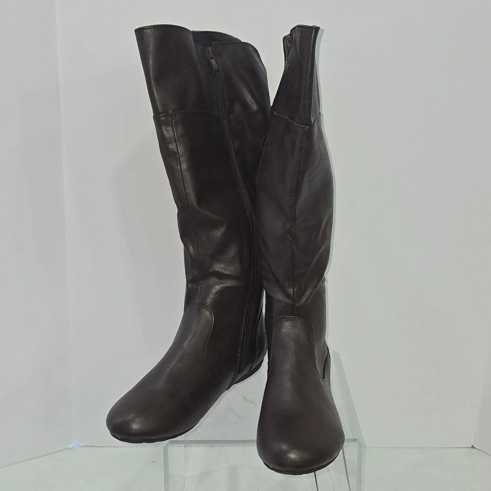 Kalli Womens Size 10 Brown Faux Leather Tall Slouch Boots Lace Up Back Flat Sole